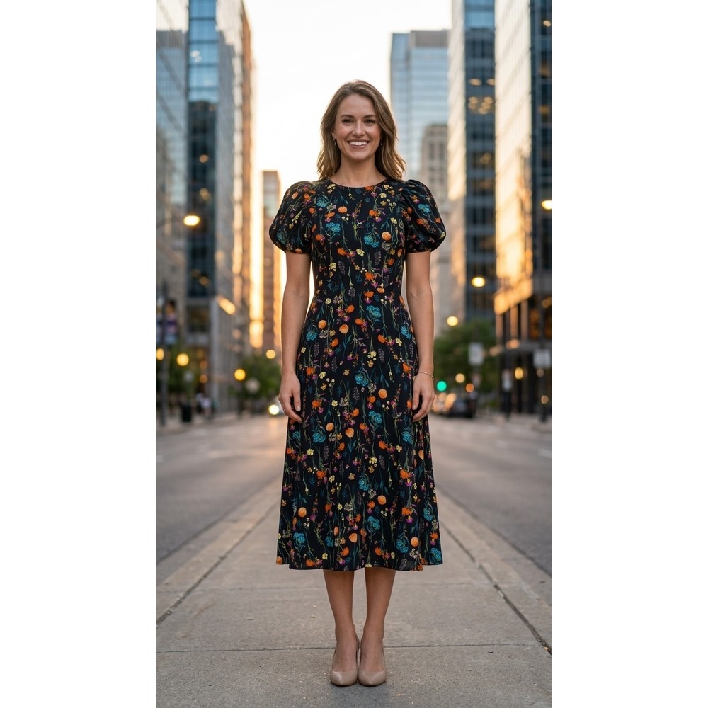 A New Day Black Multicolor Floral Puff Sleeve Tie Back Midi Dress Boho Size XS